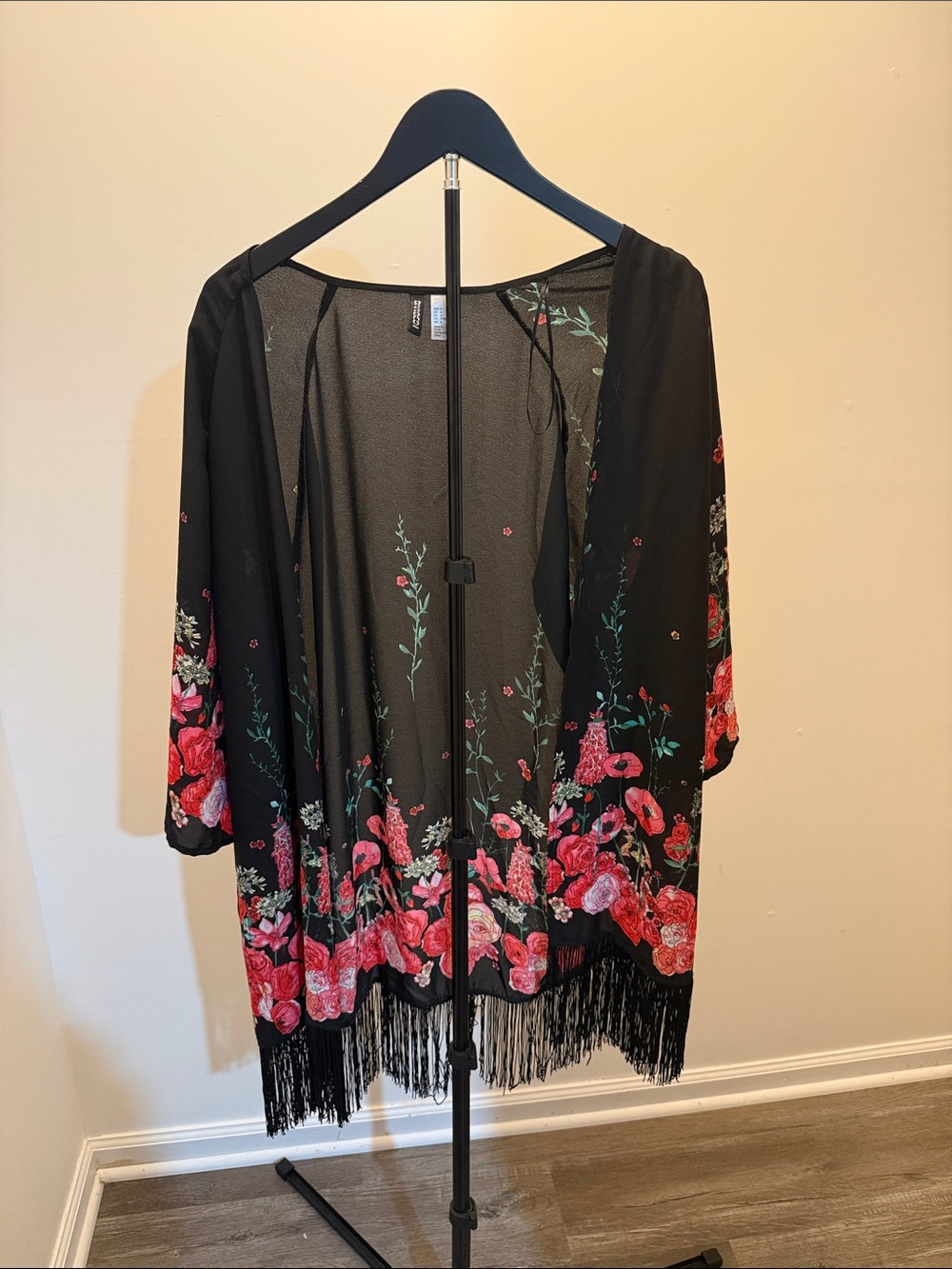 H&M Black Fringe Kimono with Red Floral & Green Embroidery
